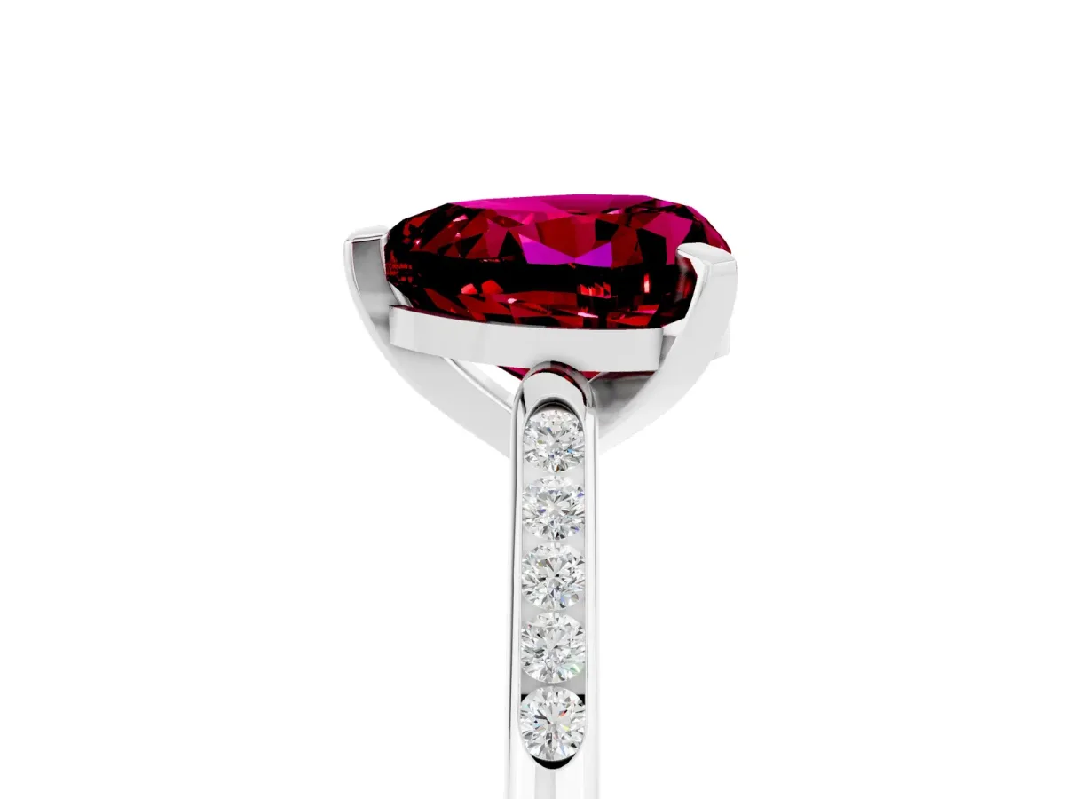 Heart Cut Garnet Solitaire Ring with Channel Set Round Band and Prong Setting Silver