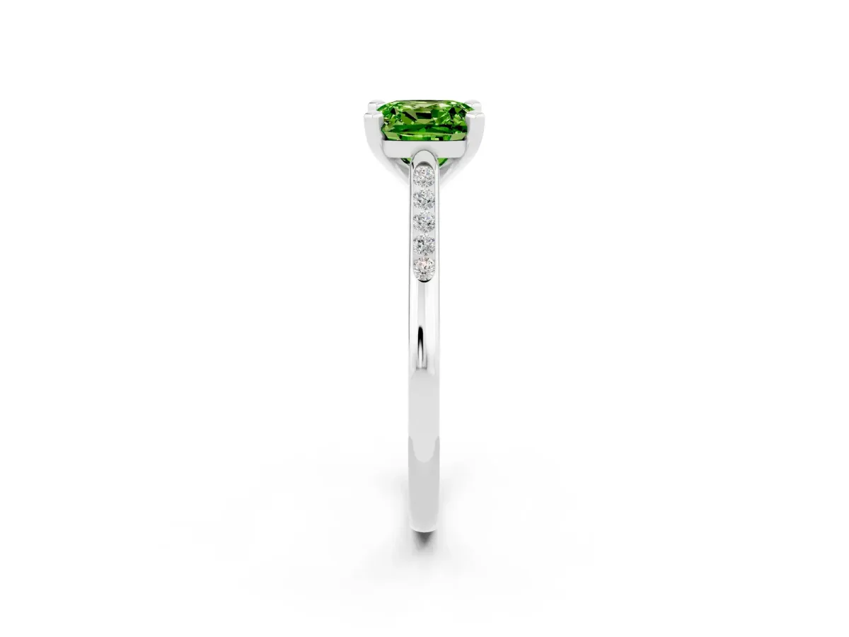 Cushion Cut Peridot Solitaire Ring with Channel Set Round Band and Prong Setting Silver