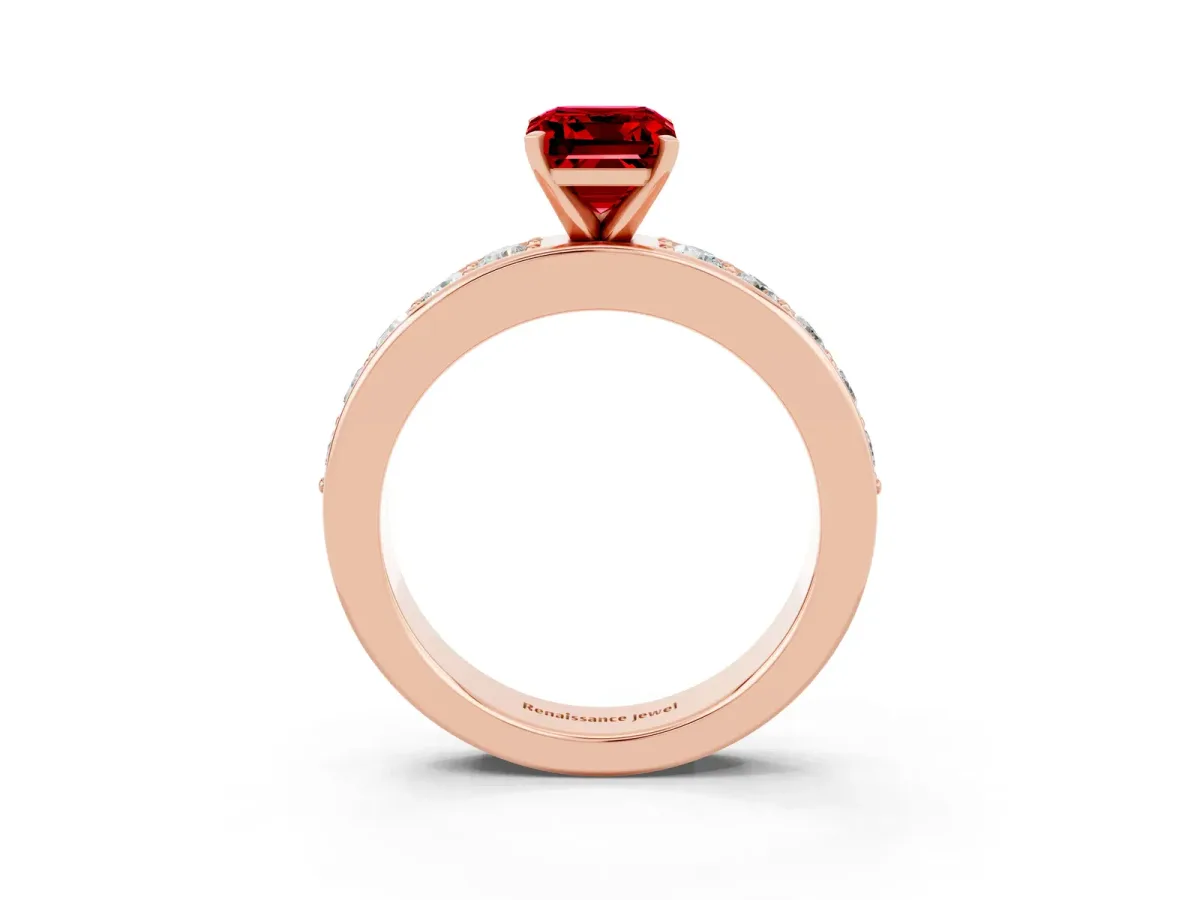 Emerald Cut Ruby Engagement Ring with Channel Set Round Band and Prong Setting Rose gold