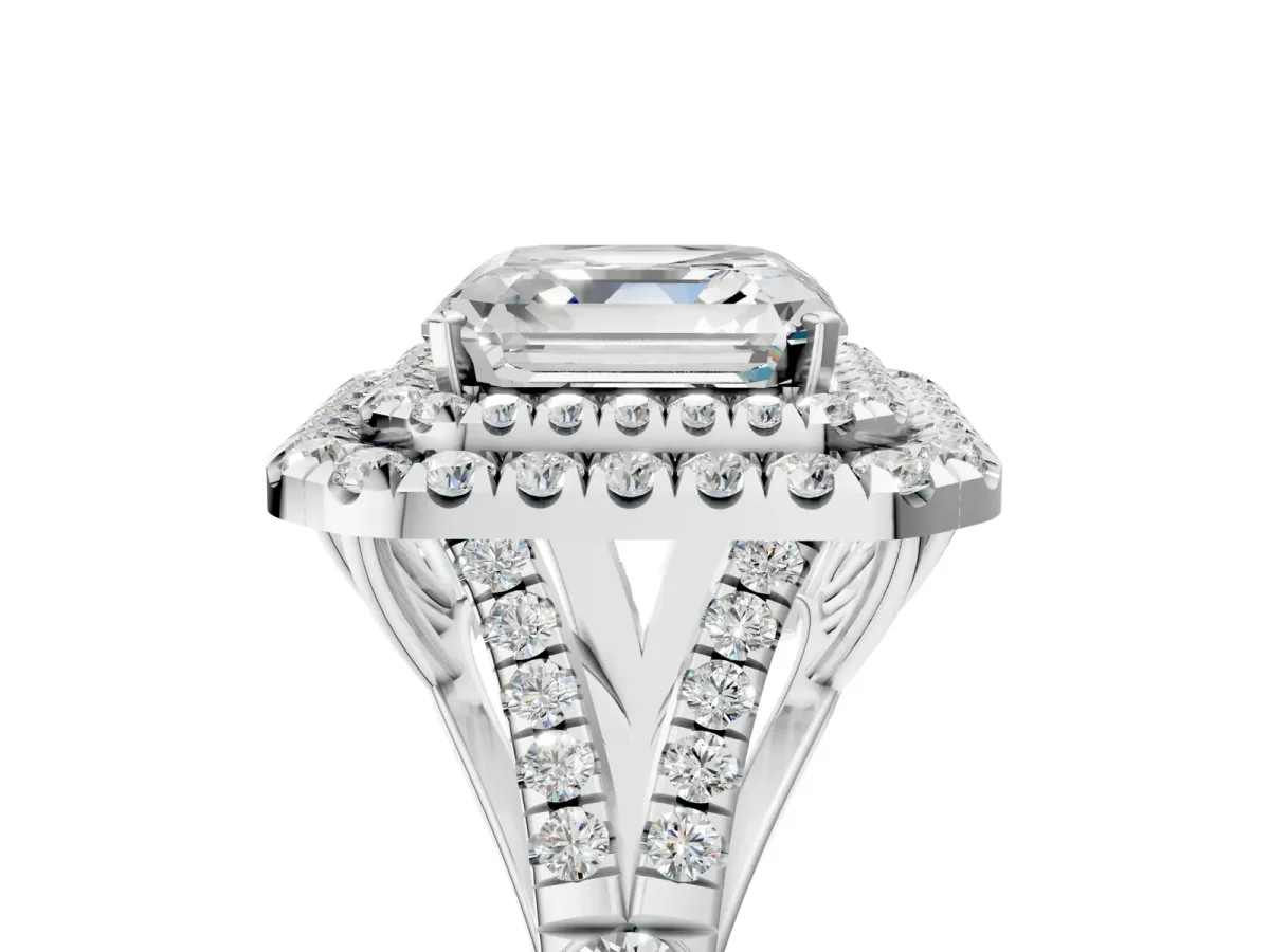 Asscher Cut Cut Double Halo Split Shank Diamond Ring with Prong Setting Platinum