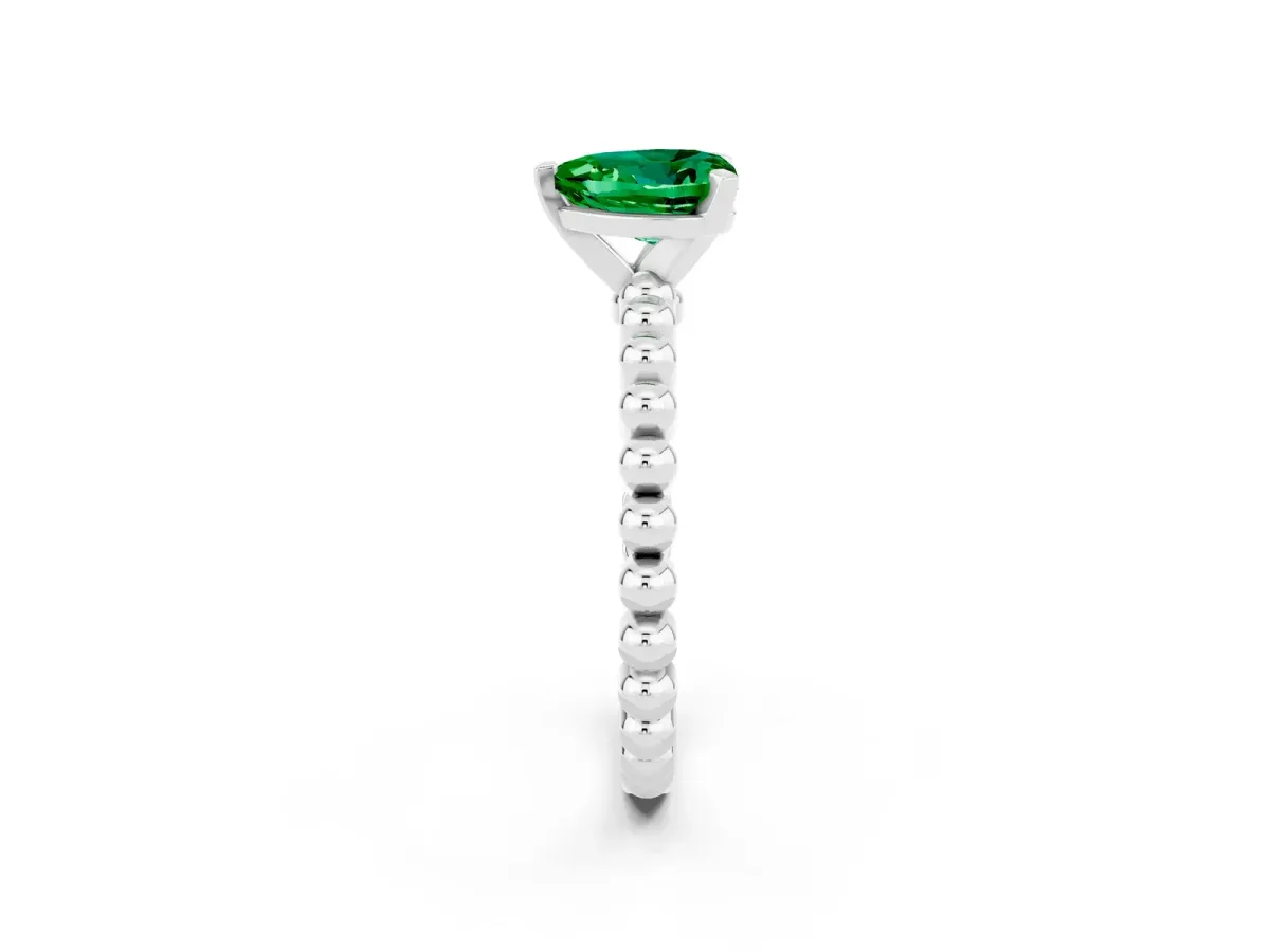 Heart Cut Emerald Solitaire Ring with Beaded Band and Prong Setting White gold