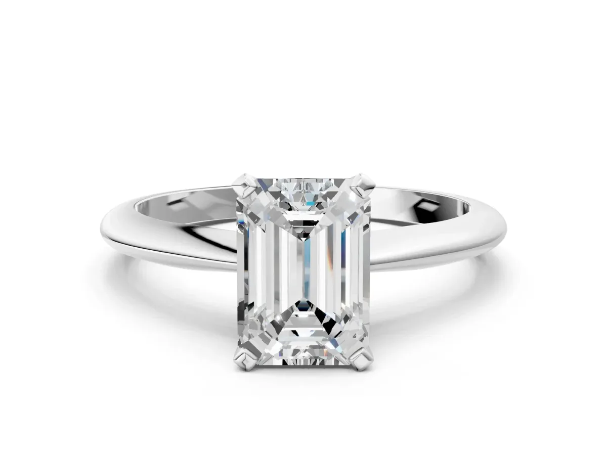 Emerald Cut Diamond Solitaire Engagement Ring with Classic Band and Four-Prong Setting Silver