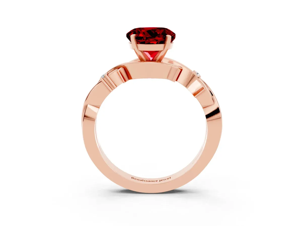 Round Cut Ruby Solitaire Ring with Twisted Band and Prong Setting Rose gold