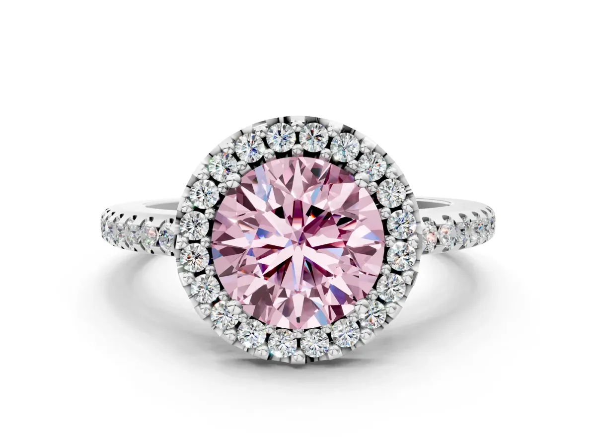 Fancy Pink Round Cut Diamond Pavé Halo Ring with Four-Prong Setting Platinum