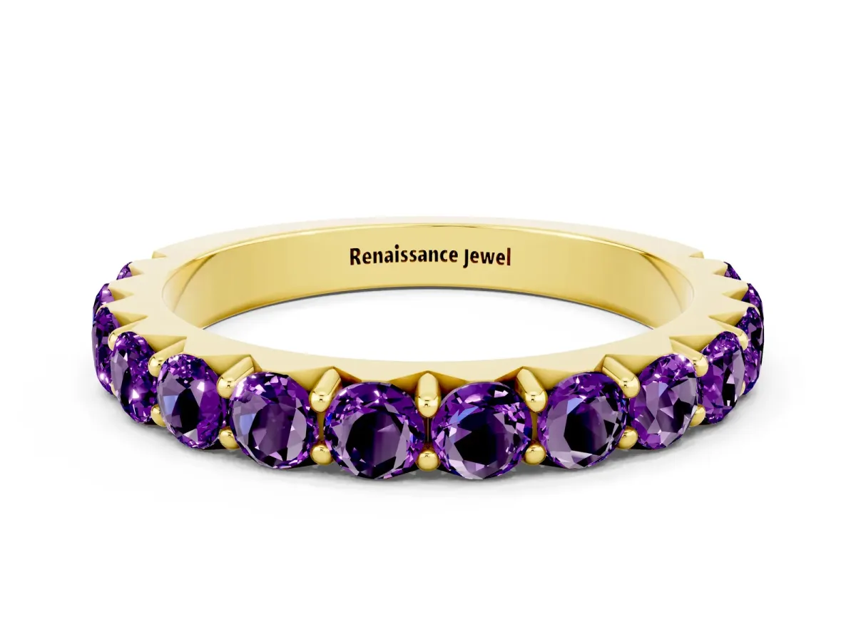 Round Amethyst Half Eternity Band with Classic Prong Setting Yellow gold