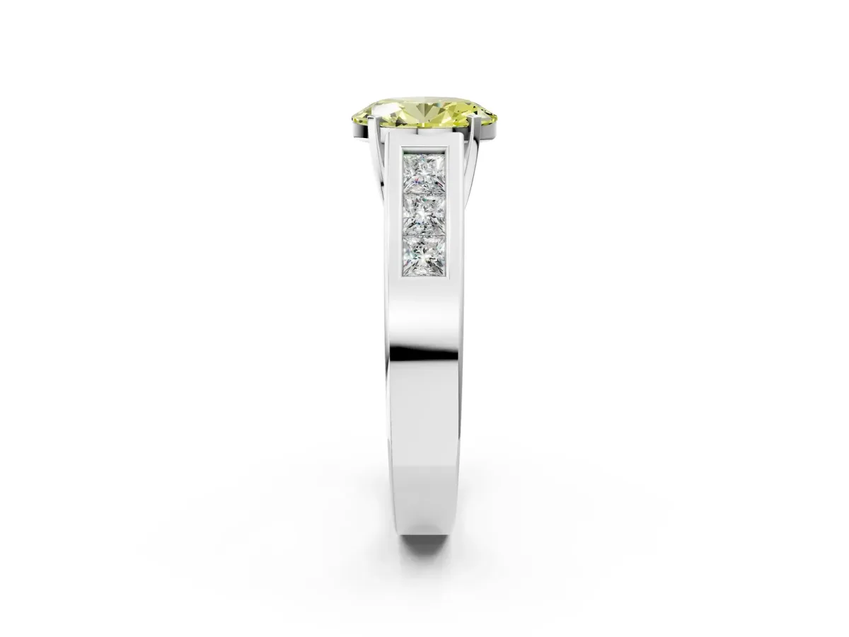 Fancy Yellow Oval Cut Cut Channel Set Solitaire Ring with Four-Prong Setting Silver