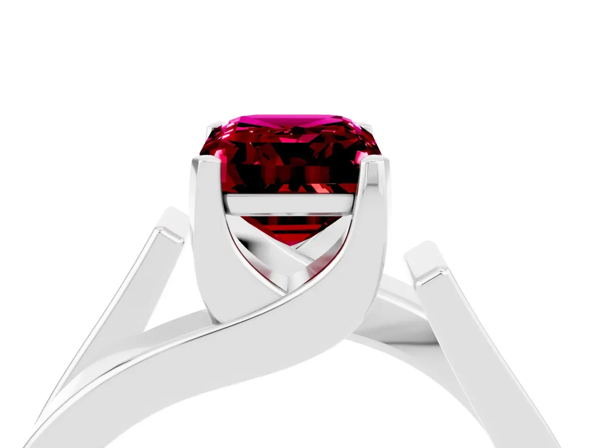 Modern Tension Set Emerald Cut Garnet Solitaire Wide Band Ring Platinum