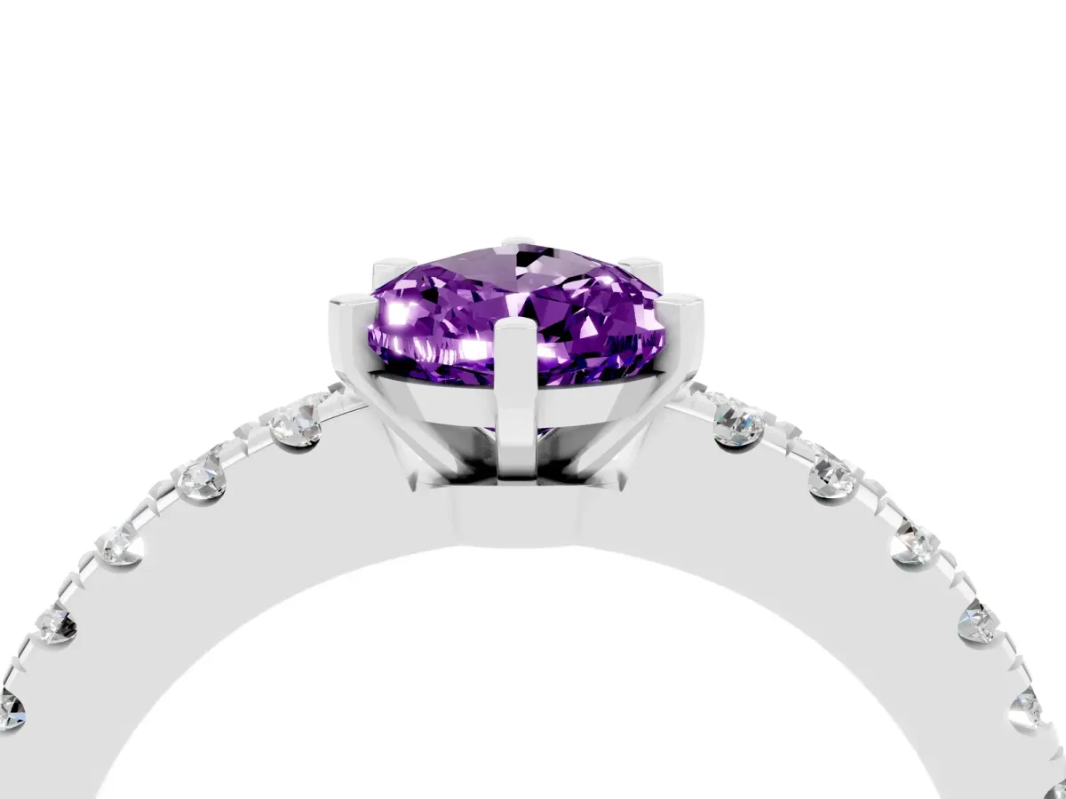Pear Cut Solitaire Amethyst with Pavé Band and Four-Prong Setting Platinum