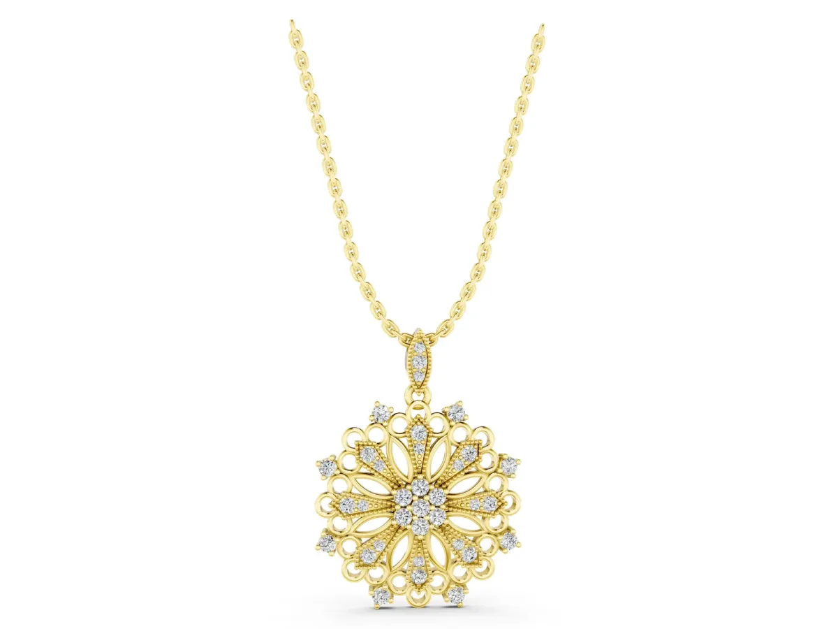 Round Diamond Cluster Milgrain Pendant Yellow gold