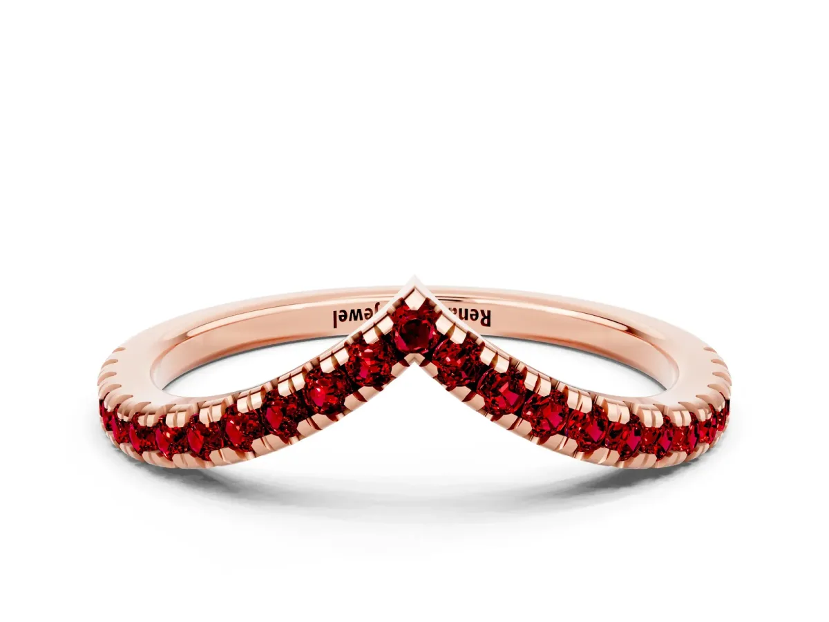 Pavé Round Ruby V-Shaped Chevron Band with Shared Prong Setting Rose gold