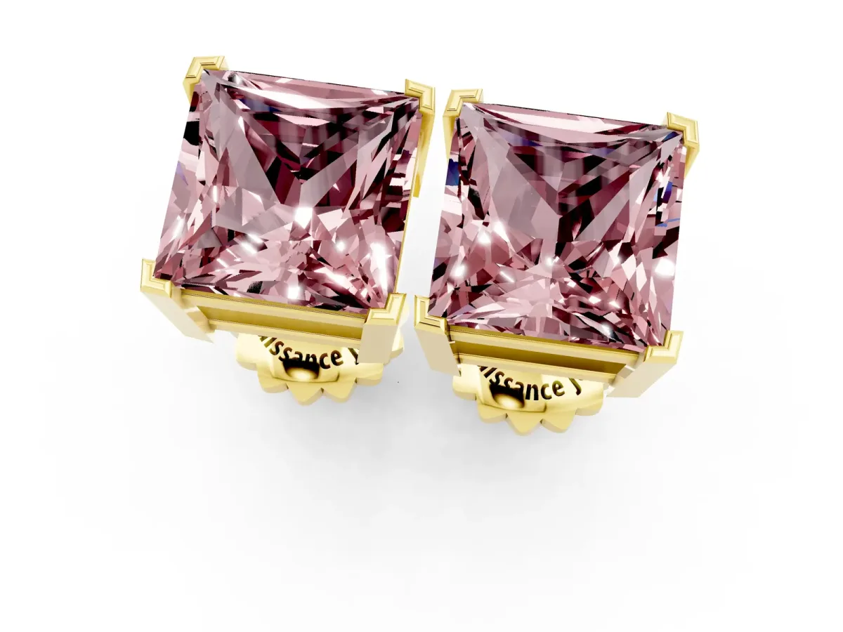 Princess Cut Morganite Stud Earrings Yellow gold