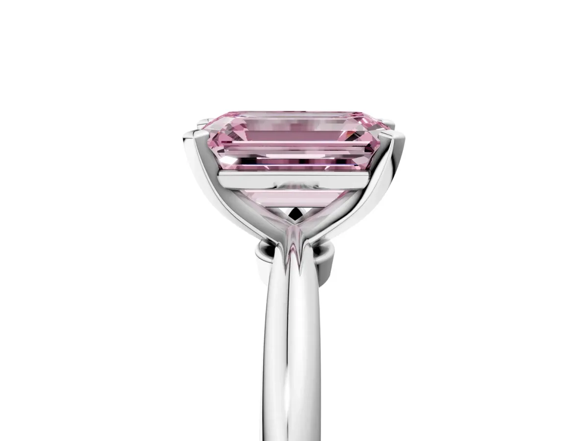 Fancy Pink Emerald Cut Diamond Solitaire Ring with Six-Prong Setting and Classic Band Silver