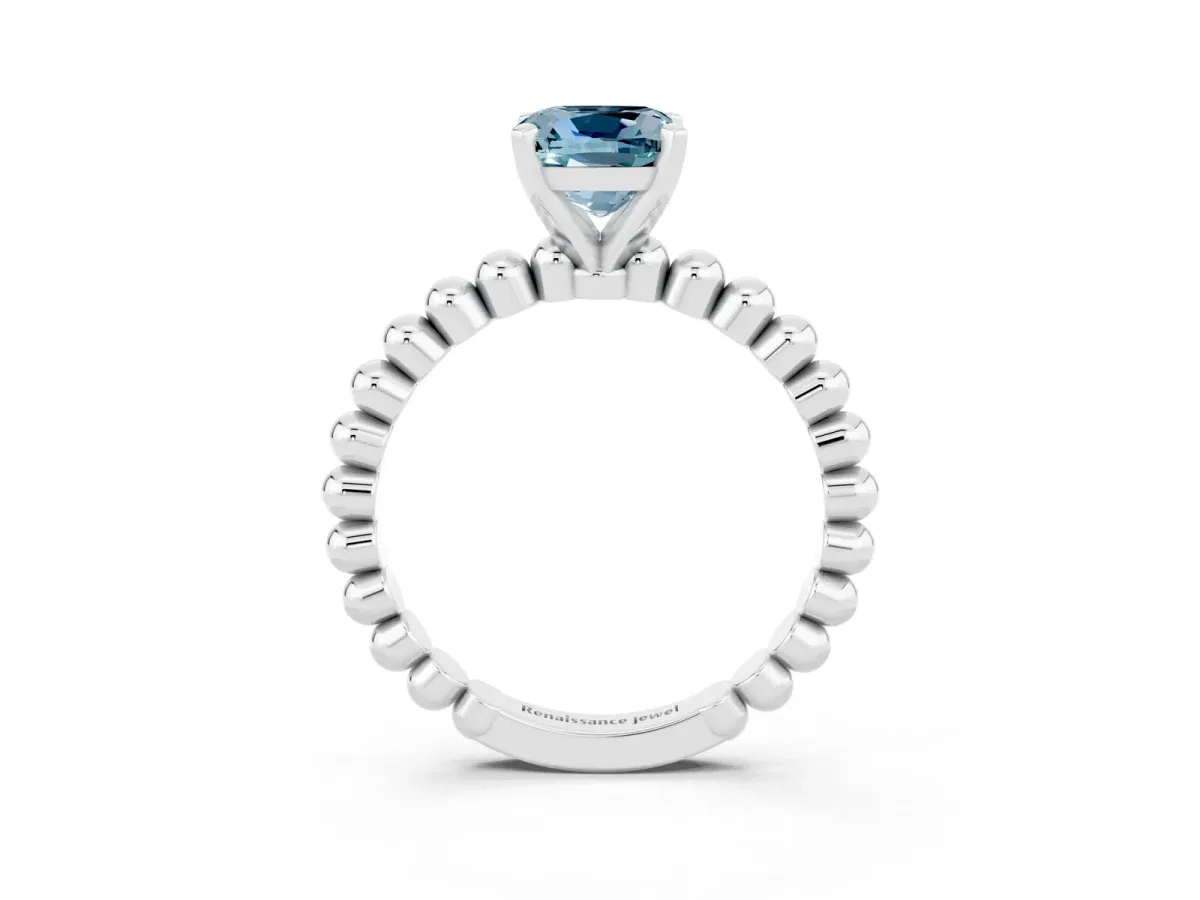 Cushion Cut Aquamarine Solitaire Ring with Beaded Band and Prong Setting Silver