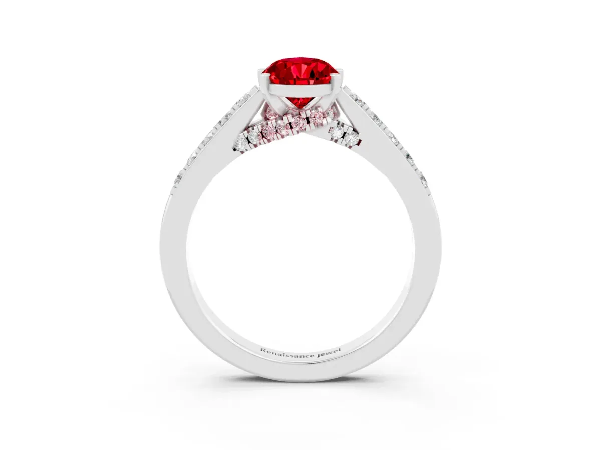 Pear Cut Ruby Solitaire Ring with Crossover Gallery and Round Pavé Band Platinum
