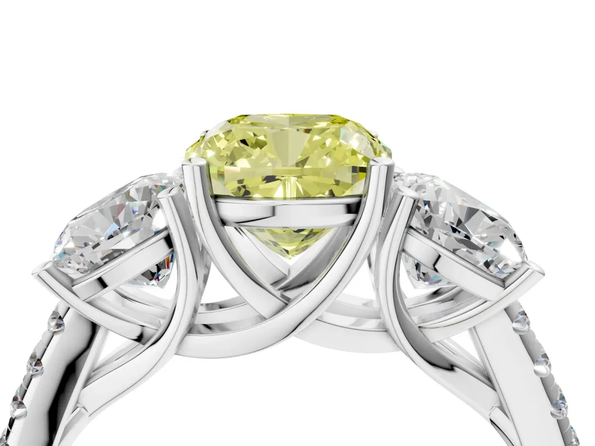 Fancy Yellow Three-Stone Cushion Cut Diamond Ring with Round Pavé Band and Prong Setting Silver