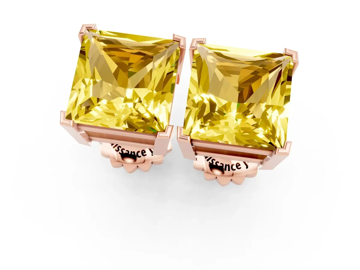 Princess Cut Yellow Sapphire Stud Earrings Rose gold