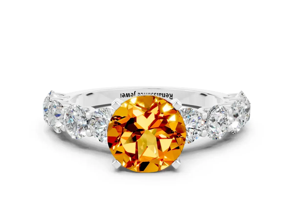 Round Cut Citrine Prong Setting with Side Stones on a Pave Band Platinum
