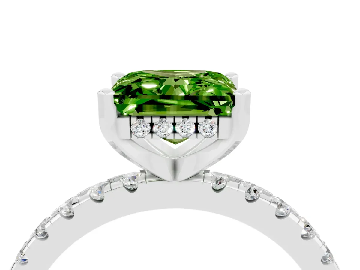 Princess Cut Peridot Solitaire Ring with Round Pavé Band and Four-Prong Setting Silver