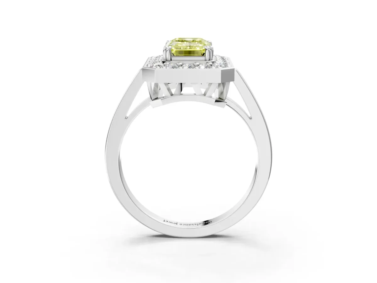 Fancy Yellow Emerald Cut Diamond Halo Ring with Split Shank and Four-Prong Setting White gold