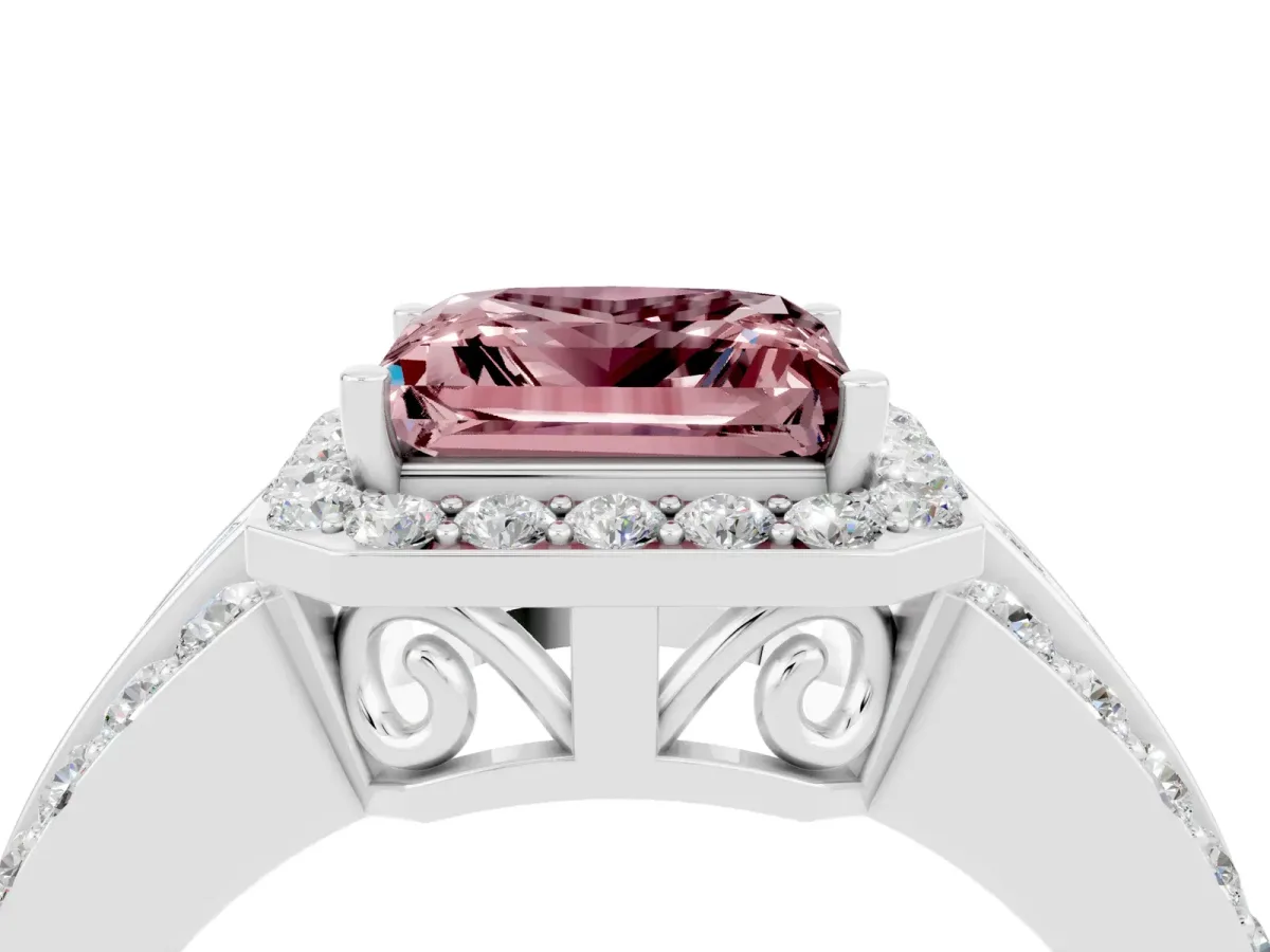 Princess Cut Halo Morganite Ring with Round Split Shank and Prong Setting Silver