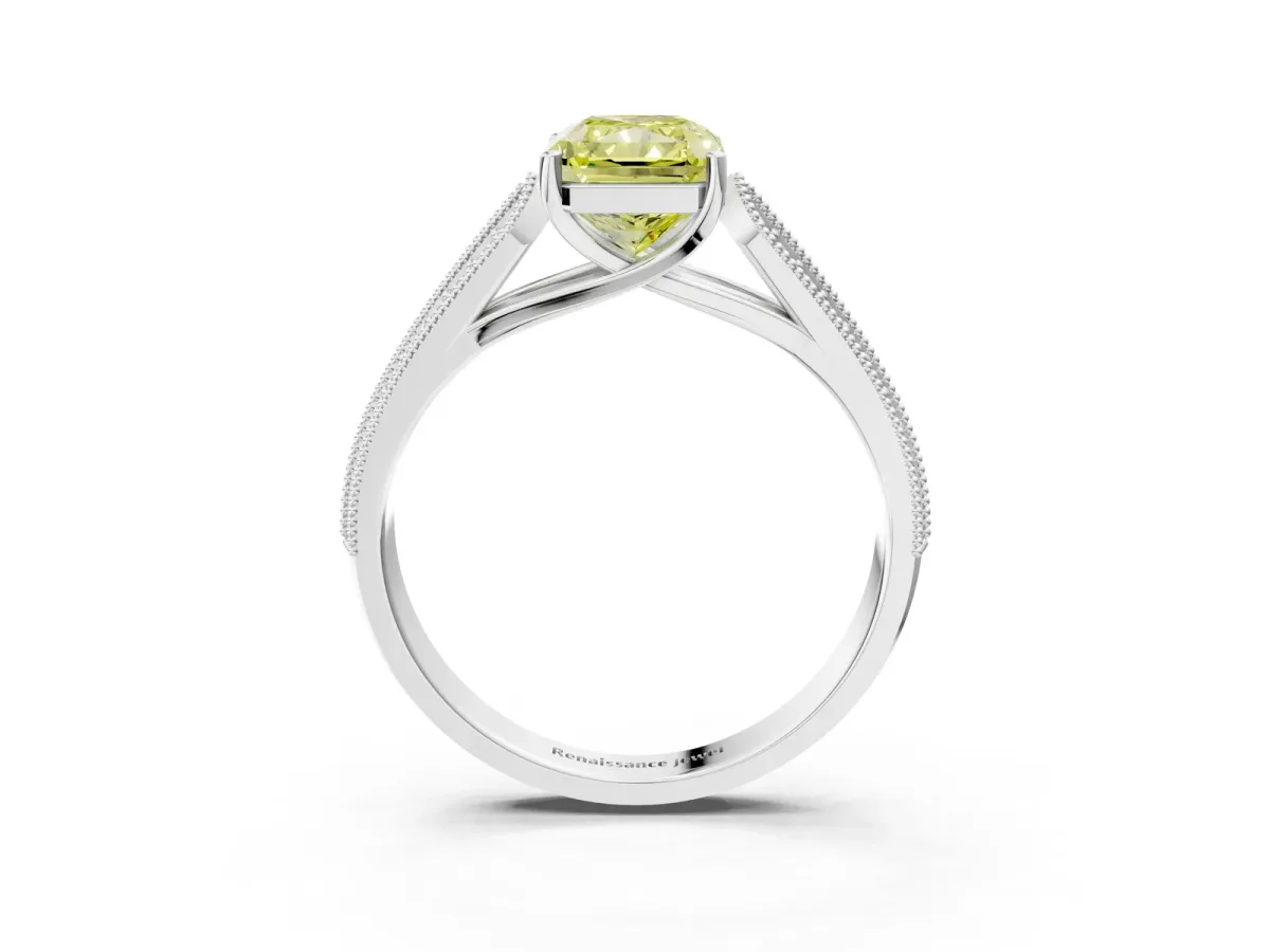Fancy Yellow Radiant Cut Cut Pave Split Shank Engagement Ring with Four-Prong Setting Platinum
