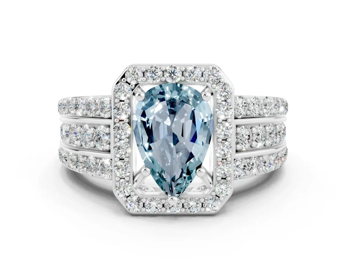 Pear Cut Halo Aquamarine Ring with Round Split Shank and Prong Setting Silver