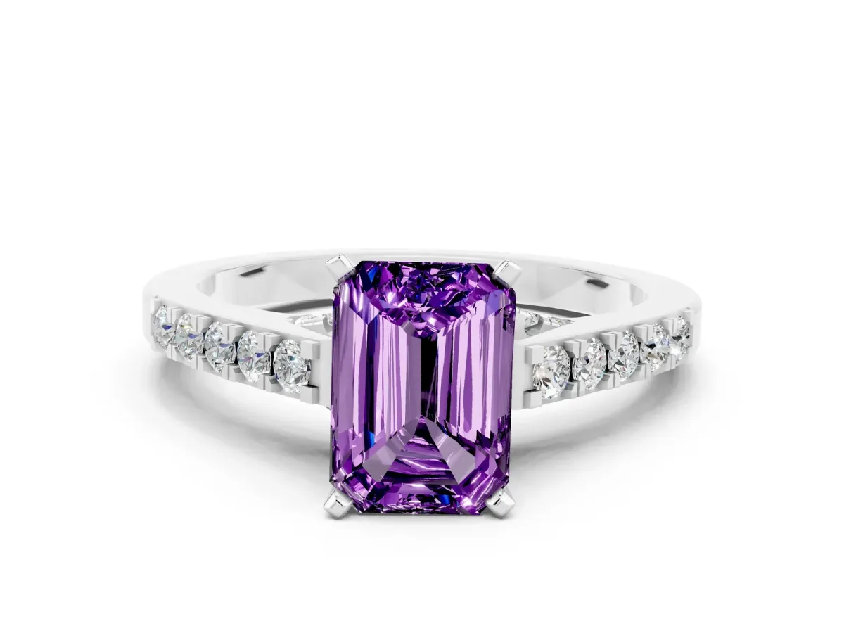 Emerald Cut Amethyst Solitaire Ring with Crossover Gallery and Round Pavé Band Platinum