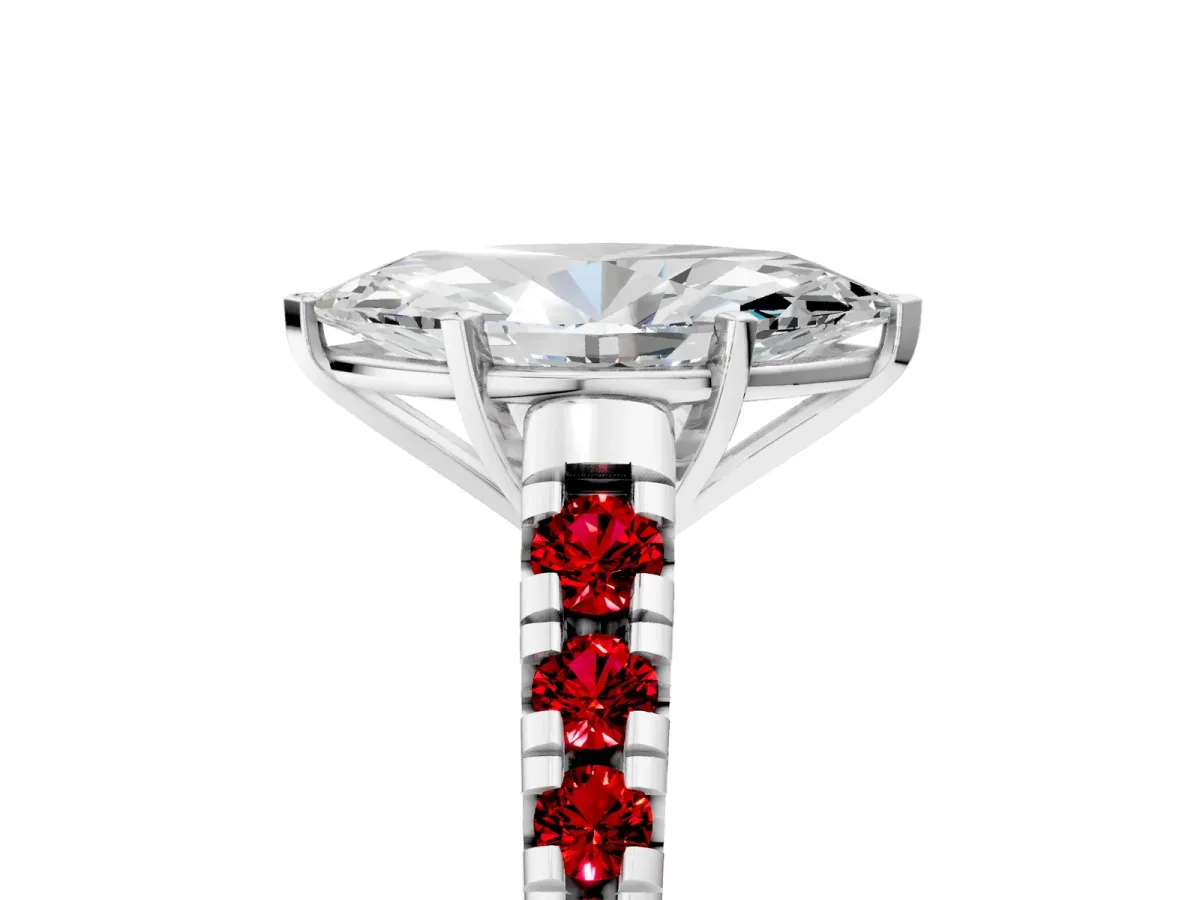 Marquise Cut Diamond Cathedral Solitaire Ring with Round Ruby Pavé Band Platinum