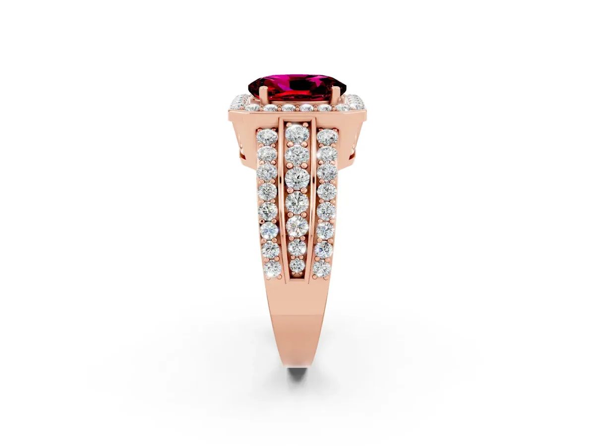 Oval Cut Halo Garnet Ring with Round Split Shank and Prong Setting Rose gold