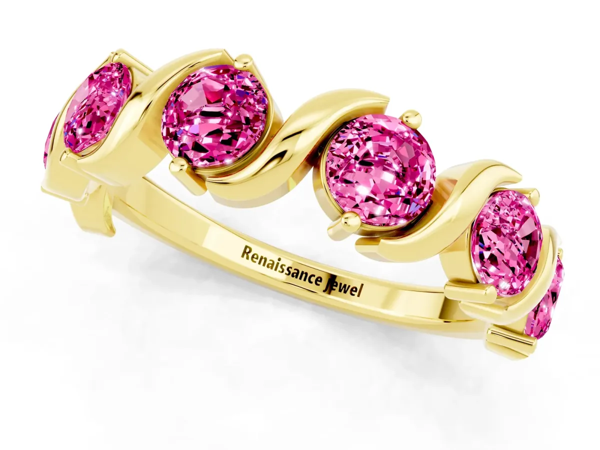 Six-Stone Round Pink Sapphire Wave Band with Shared Prong Setting Yellow gold