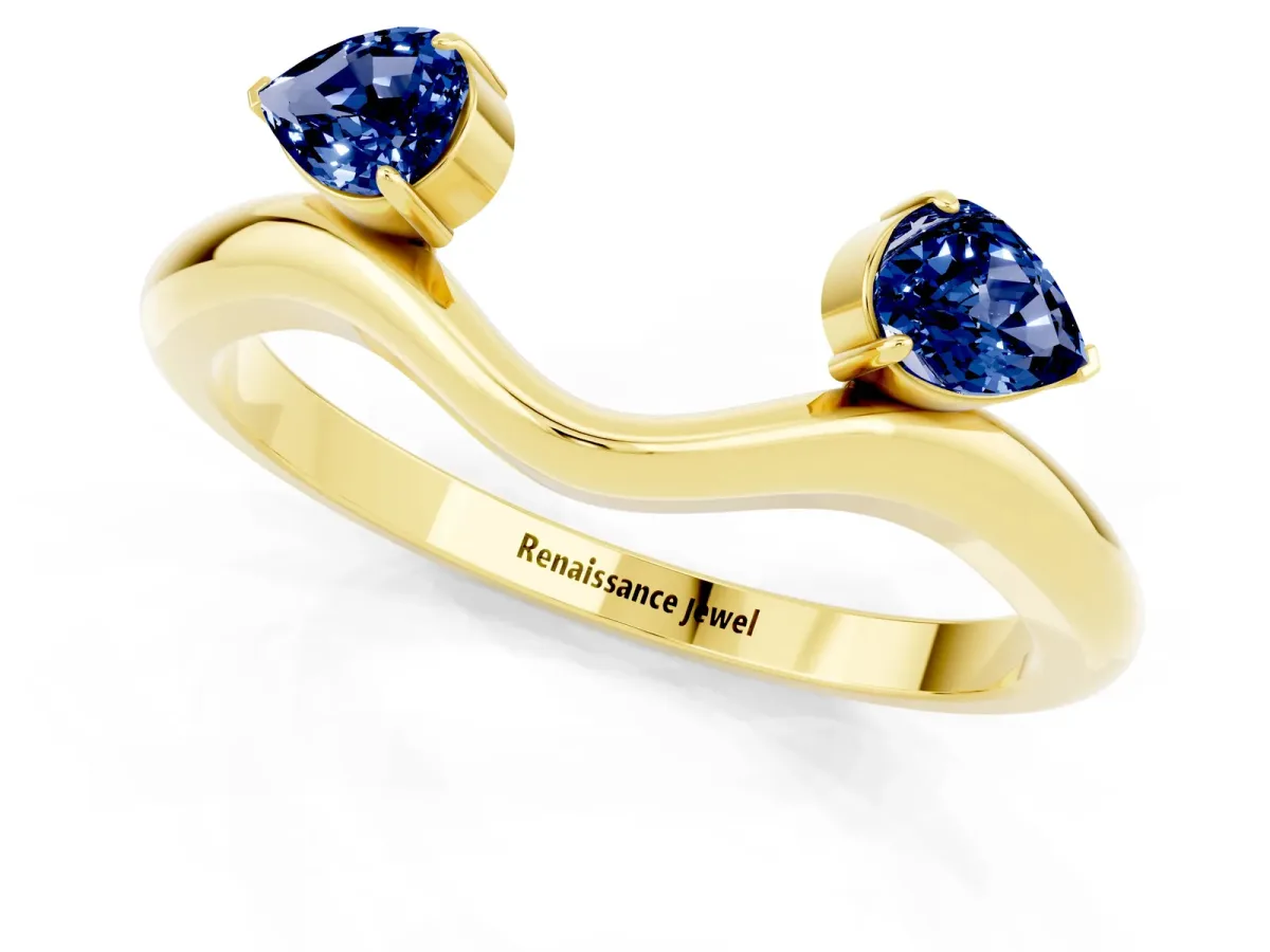 Pear Cut Blue Sapphire Two-Stone Open Band Ring with Prong Setting Yellow gold