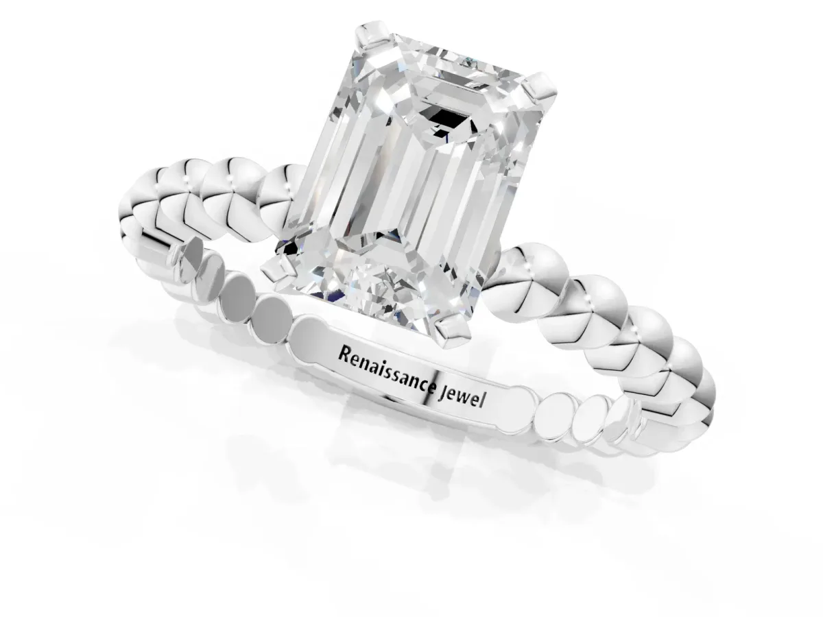 Emerald Cut Diamond Solitaire Ring with Beaded Band and Prong Setting Silver