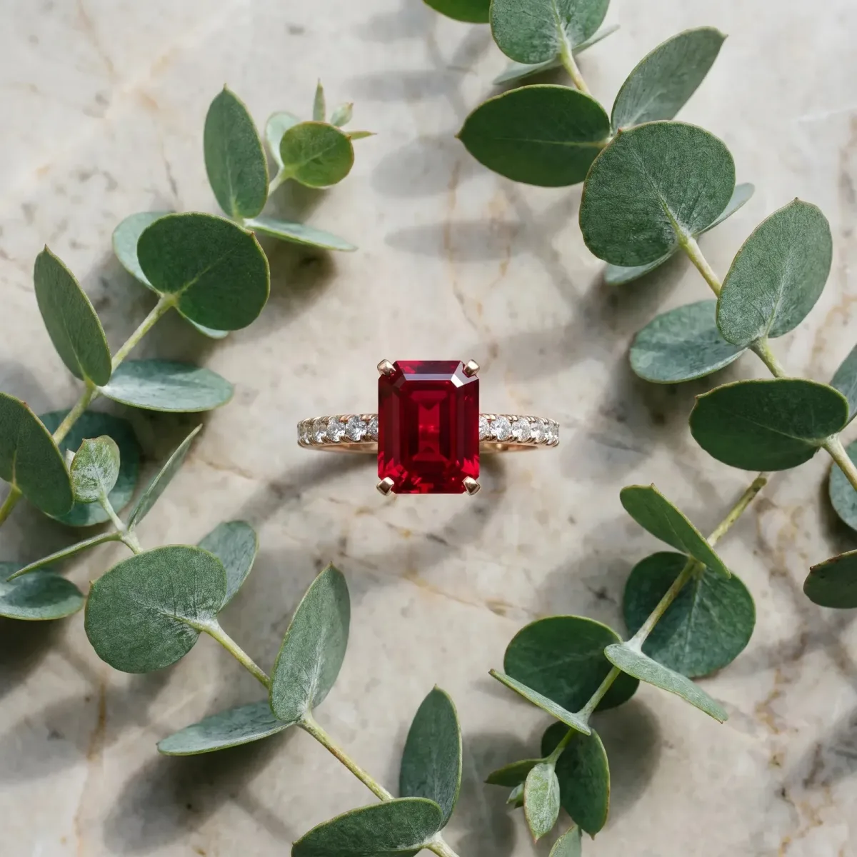Emerald Cut Ruby Solitaire Ring with Round Pavé Band and Four-Prong Setting Rose gold