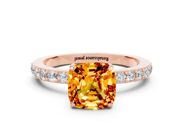 Cushion Cut Citrine Solitaire Engagement Ring with Pavé Band and Four-Prong Setting Rose gold