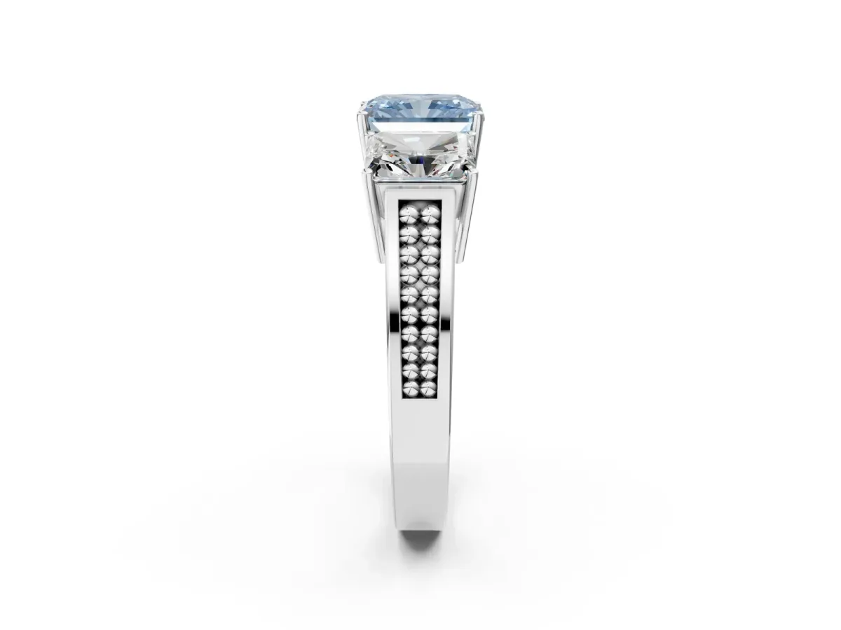 Fancy Blue Radiant Cut Diamond Three-Stone Ring with Prong Setting and Textured Band Platinum