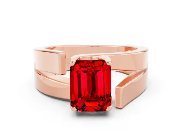 Modern Tension Set Emerald Cut Ruby Solitaire Wide Band Ring Rose gold