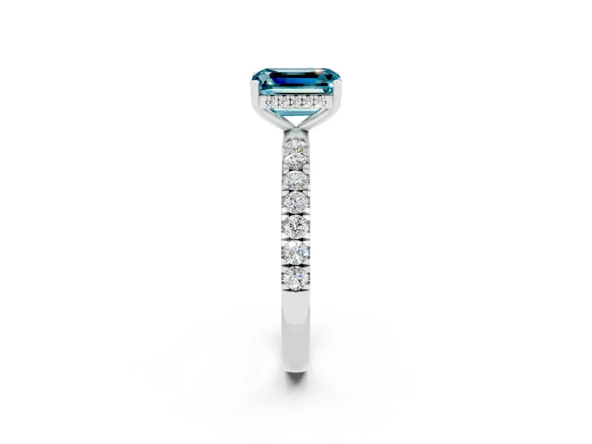 Emerald Cut Blue Topaz Pave Band Solitaire Ring with Round and Prong Setting Platinum