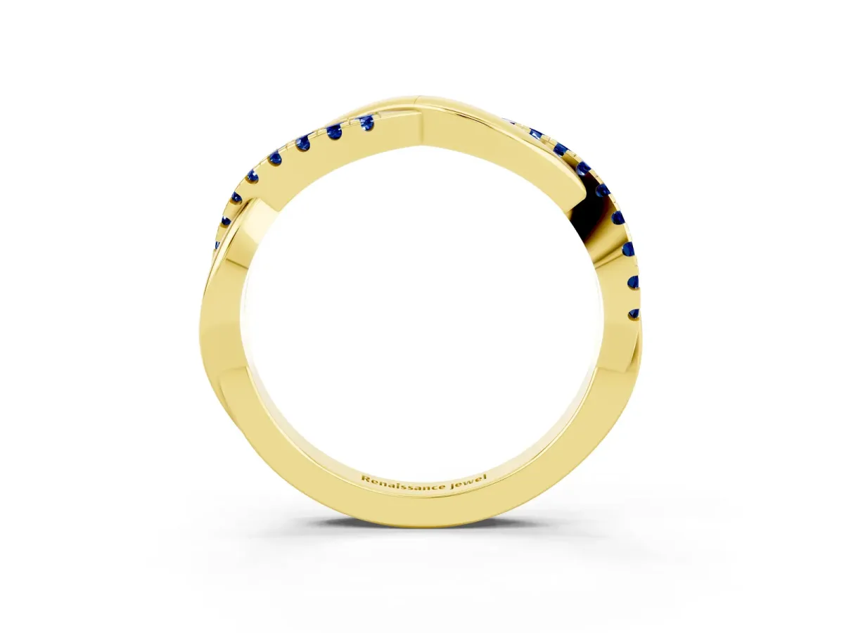Round Blue Sapphire Twisted Infinity Band with Prong Setting Yellow gold