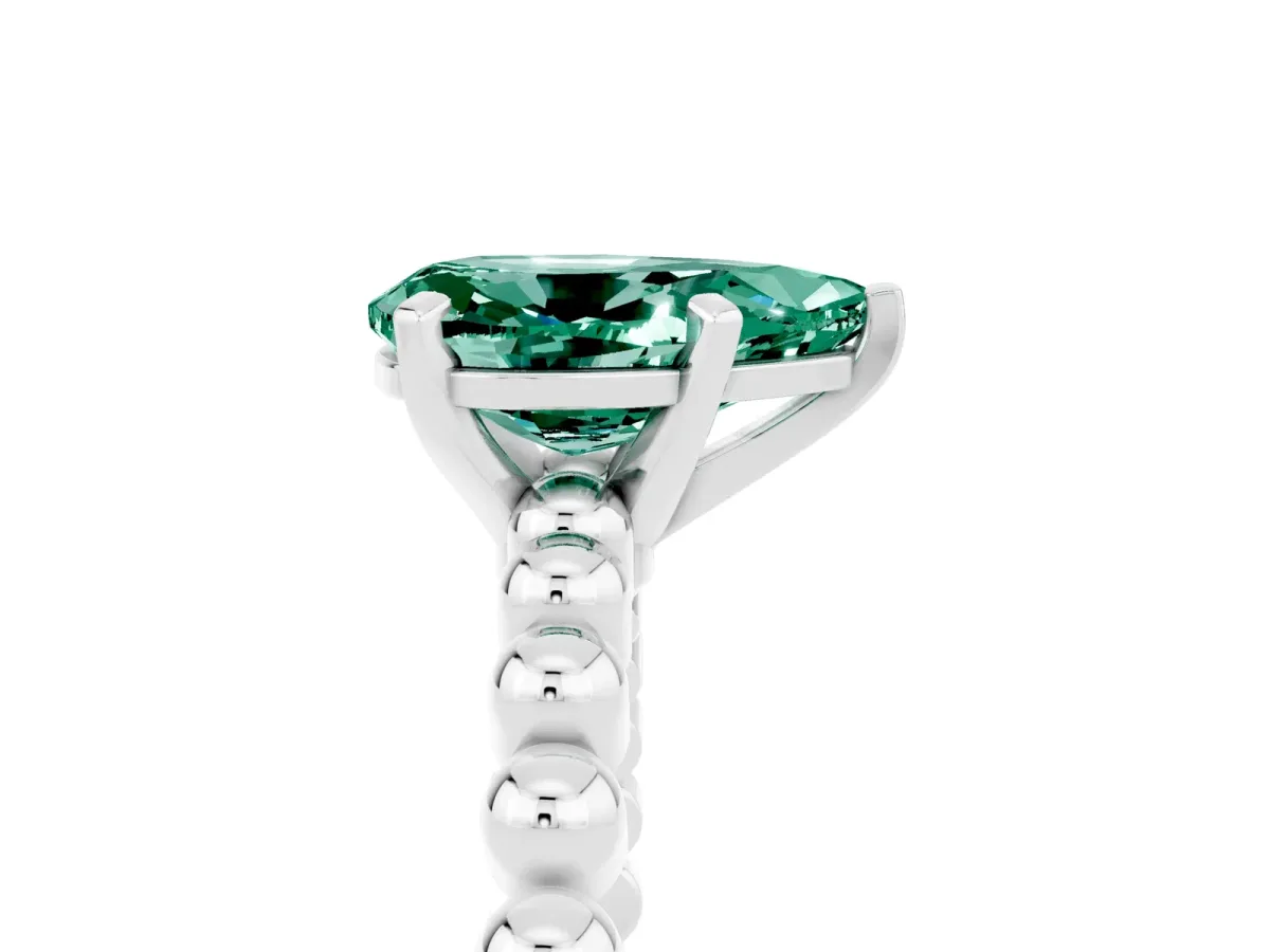 Pear Cut Green Sapphire Solitaire Ring with Beaded Band and Prong Setting Platinum