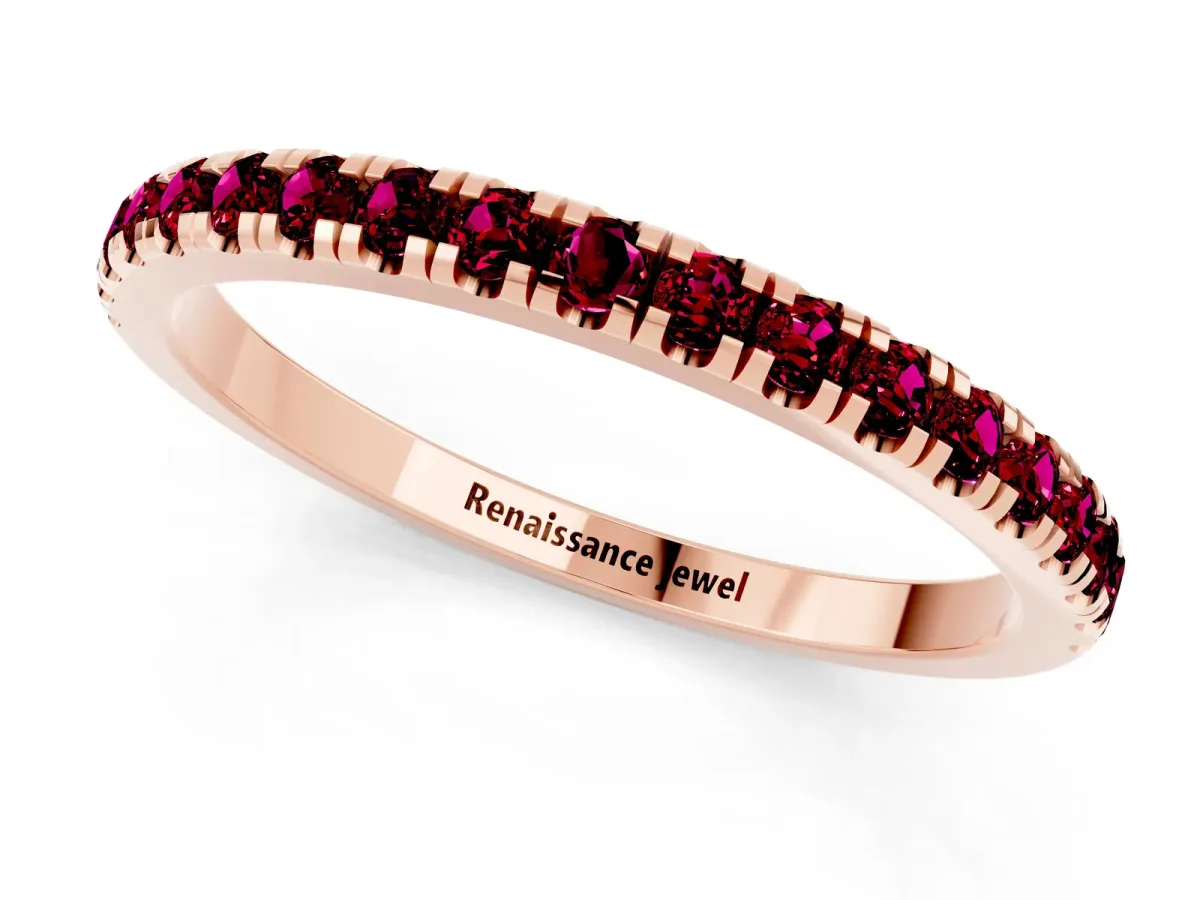 Pavé Round Garnet Half Eternity Band with Shared Prong Setting Rose gold