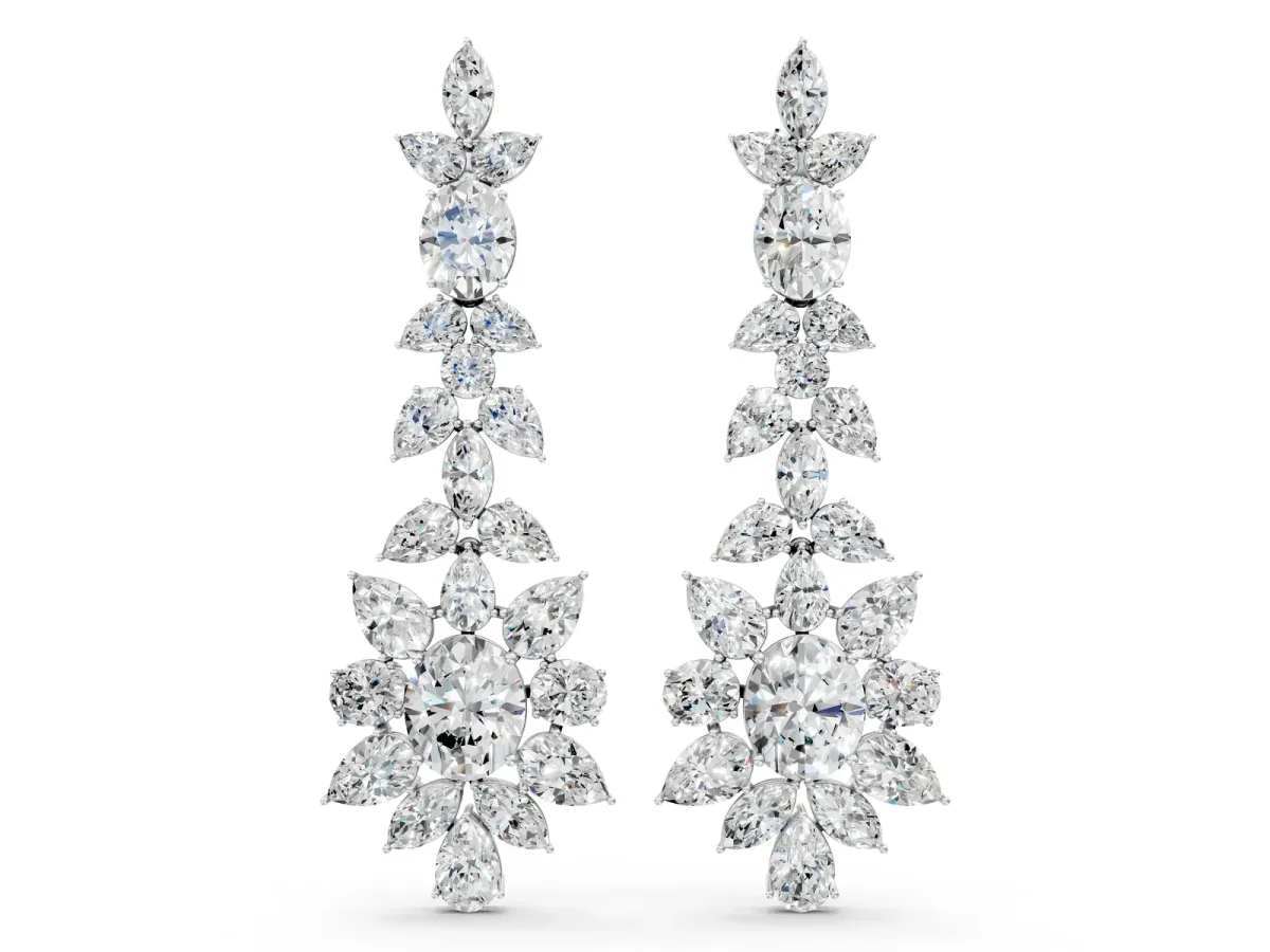Oval, Pear, Marquise and Round Diamond Floral Cascade Drop Earrings Silver
