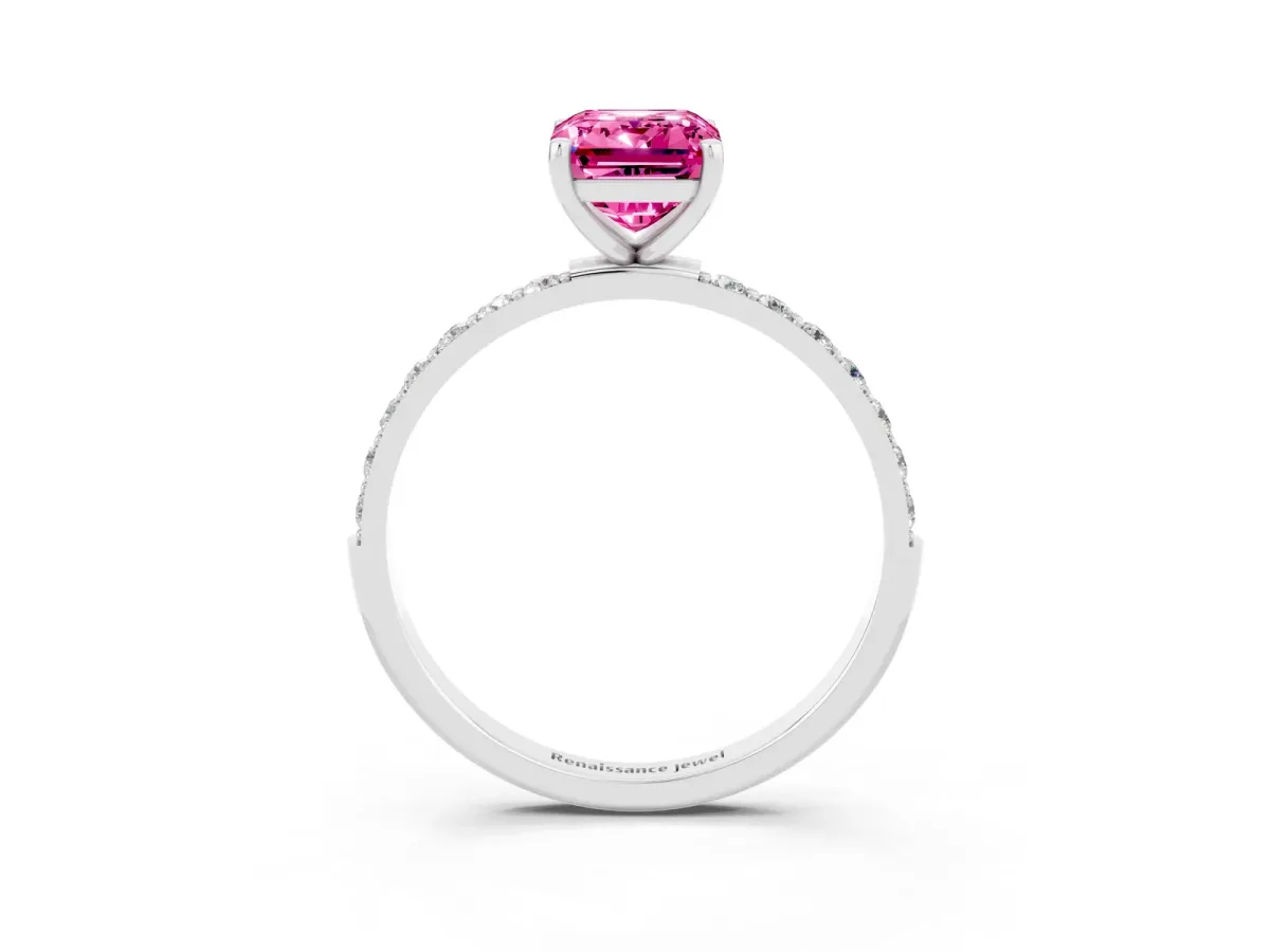 Emerald Cut Pink Sapphire Solitaire Ring with Round Pavé Shoulders and Prong Setting Silver