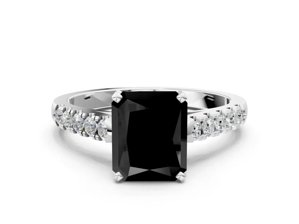 Fancy Black Radiant Cut Diamond Pavé Band Solitaire Ring with Prong Setting Platinum