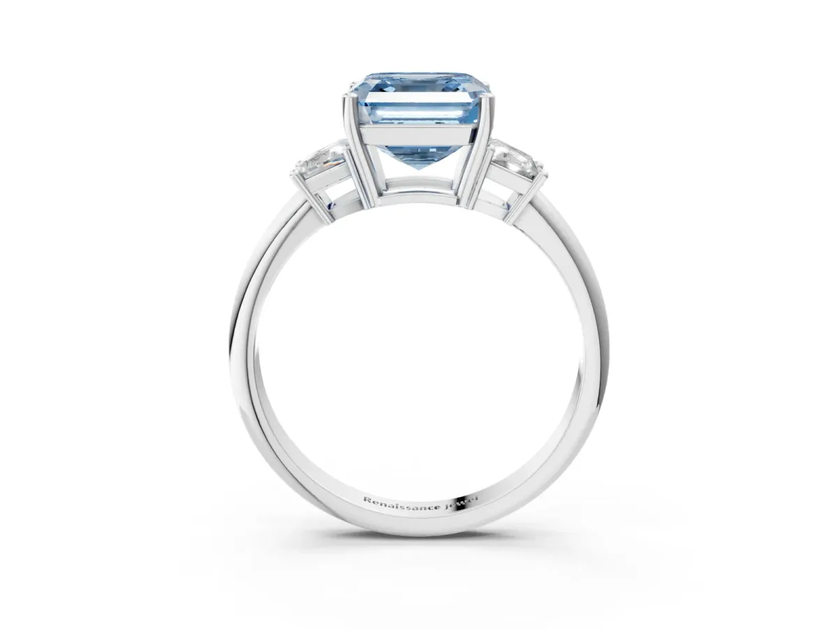 Fancy Blue Asscher Cut Diamond Three-Stone Ring with Trapezoid Side Stones and Prong Setting Platinum