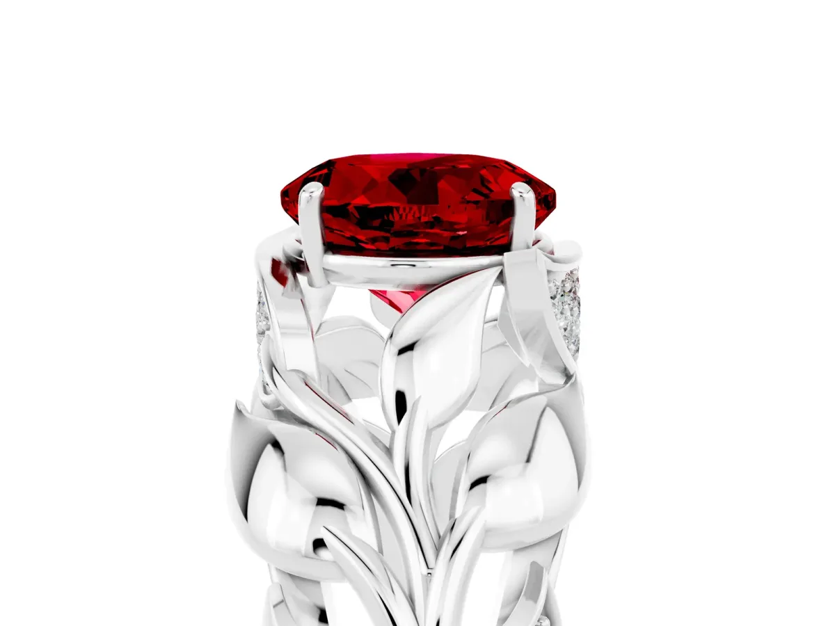 Round Cut Ruby Leaf-Inspired Engagement Ring with Round Accents and Prong Setting Silver