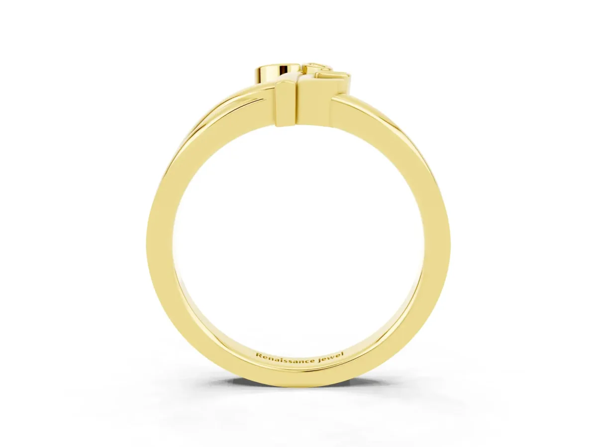 Three-Stone Round Blue Sapphire Leaf Bypass Ring with Bezel Setting Yellow gold