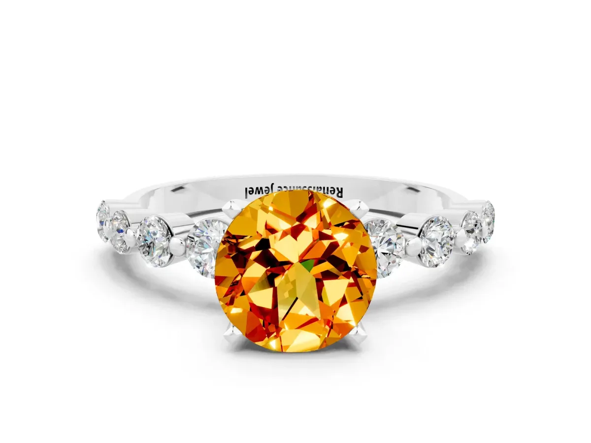 Round Cut Solitaire Citrine Ring with Pave Band and Four-Prong Setting Platinum