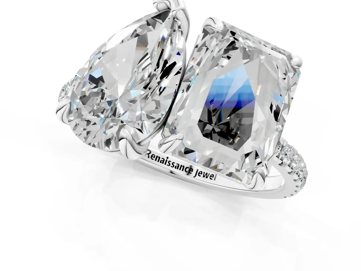Pear and Emerald Toi Moi Ring with Prong Setting and Micro Pave Band Silver