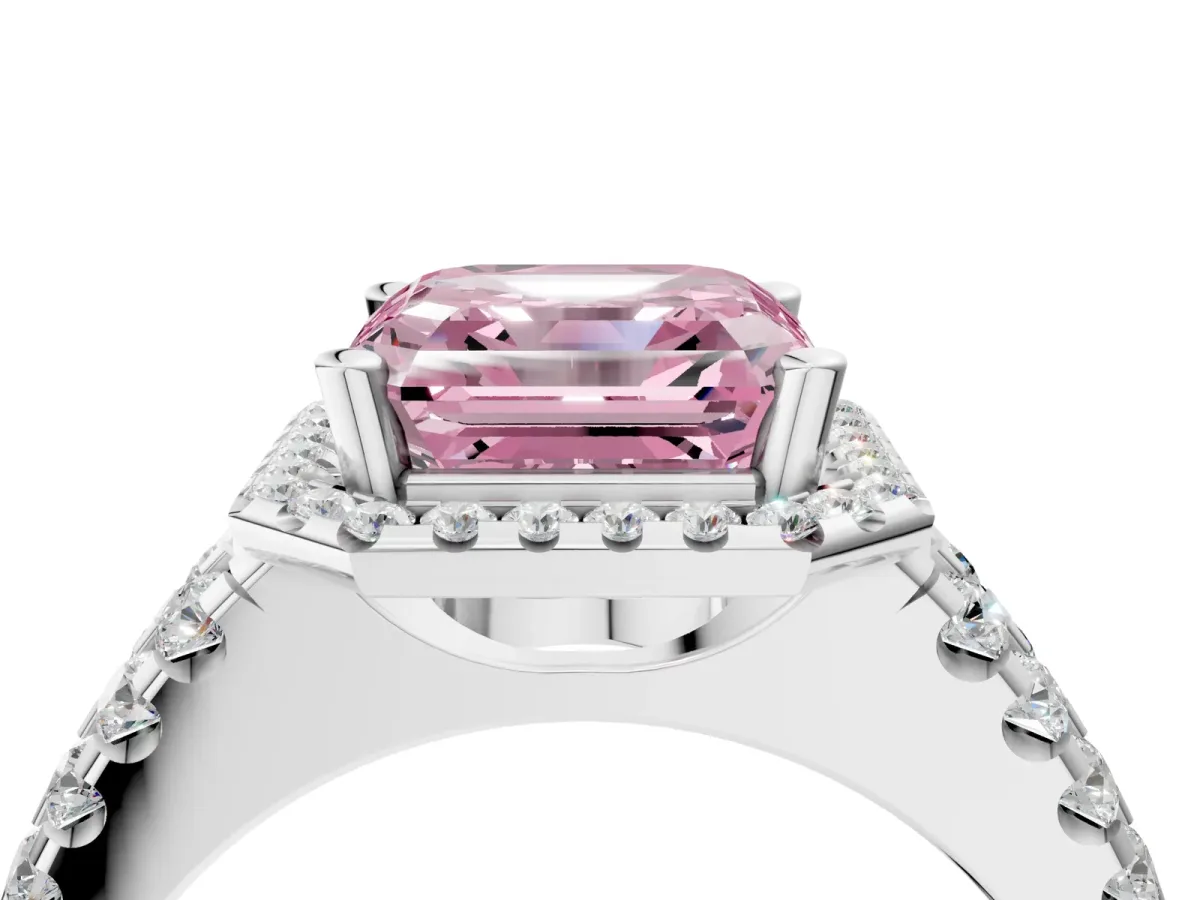 Fancy Pink Asscher Cut Halo Diamond Split Shank Engagement Ring with Prong Setting Platinum