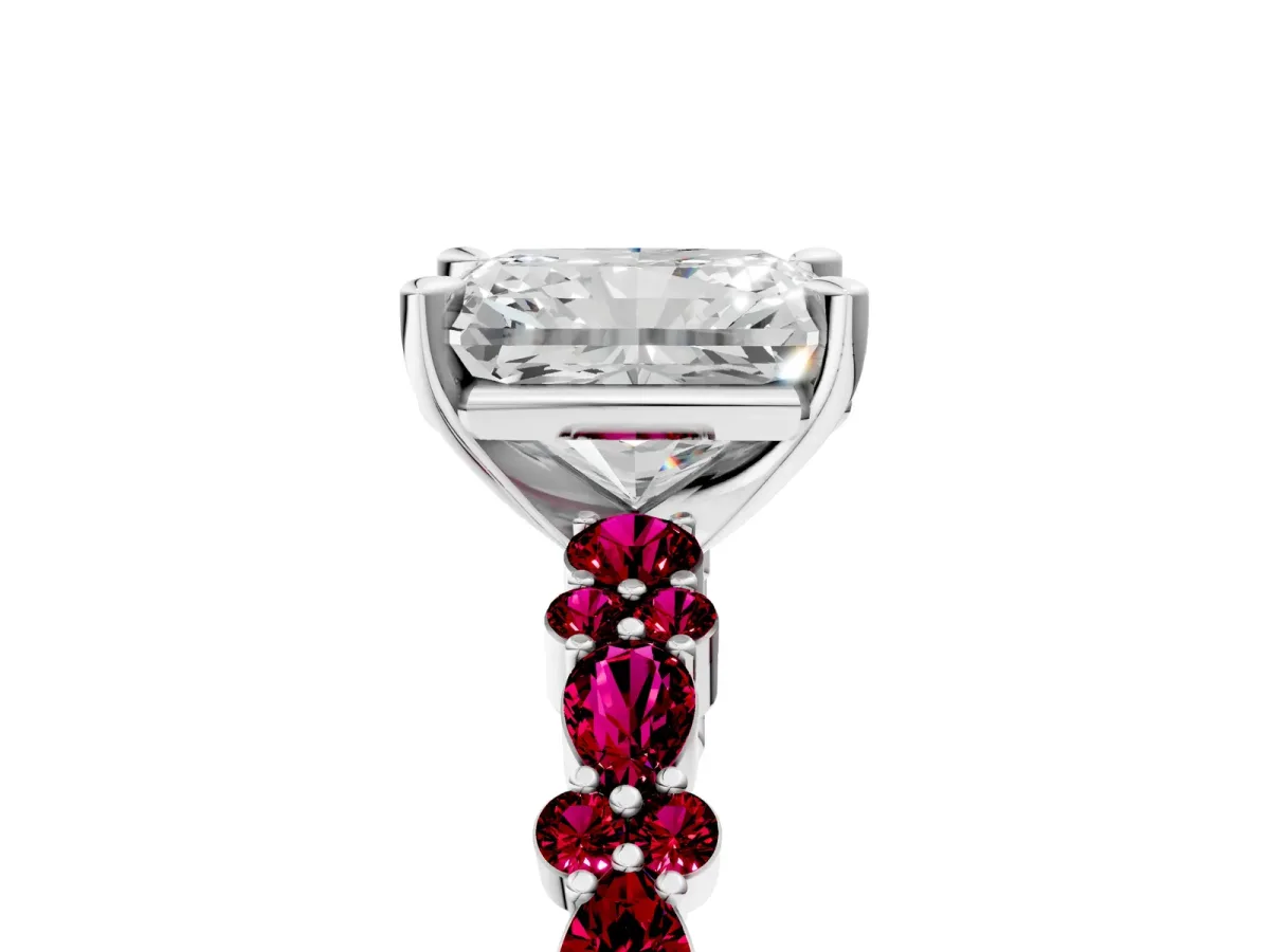 Radiant Cut Diamond Side Stone Solitaire Ring with Round Garnet and Four-Prong Setting Platinum